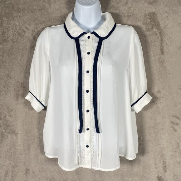 Vintage Style Blouse M Tie Neck Peter Pan Collar Preppy French Girl Coquette - Picture 2 of 13